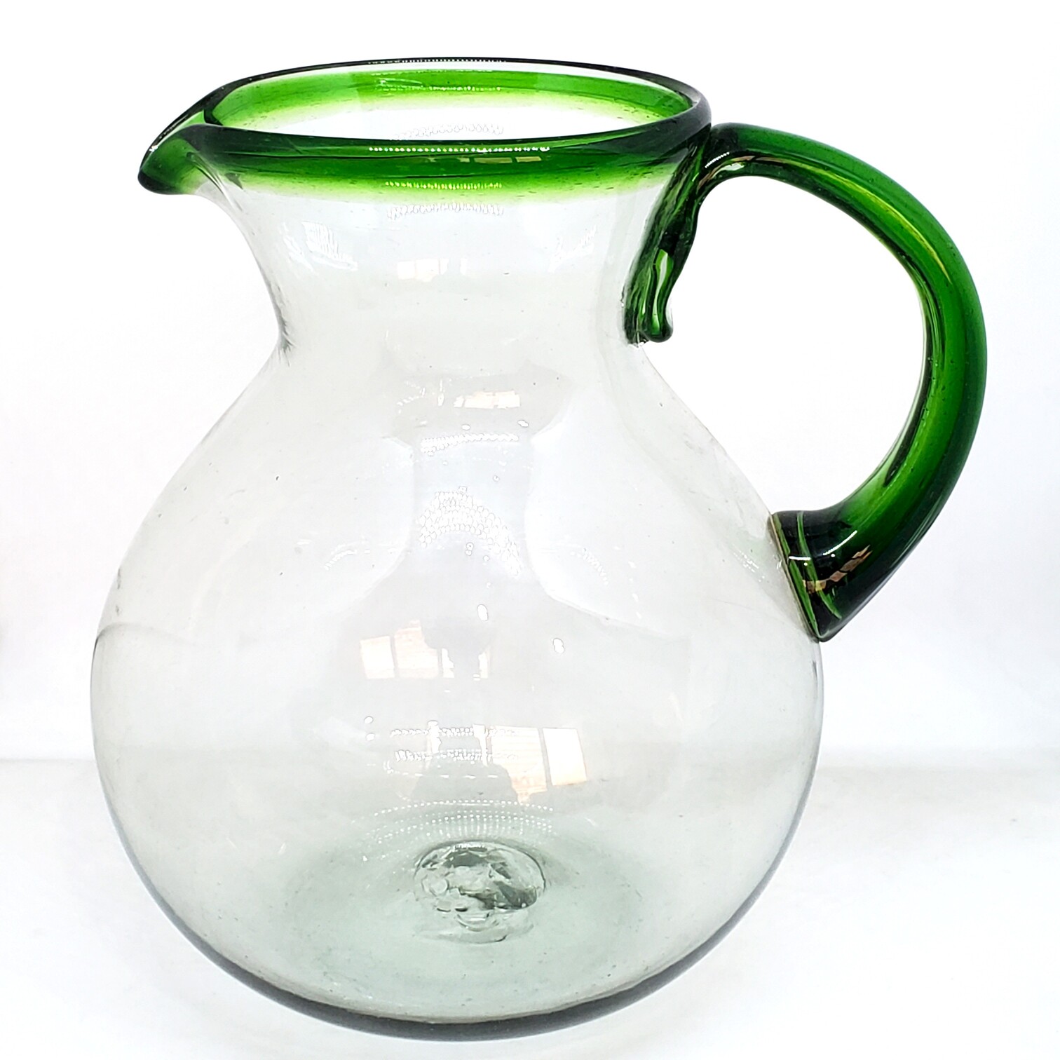 MEXICAN GLASSWARE / Emerald Green Rim 120 oz Large Bola Pitcher / This classic pitcher is perfect for pouring out all kinds of refreshing drinks.